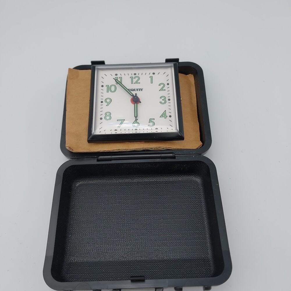 Vtg Equity Travel Alarm Clock Wind Up‎ Hard Case Black - WORKS - Picture 2 of 6